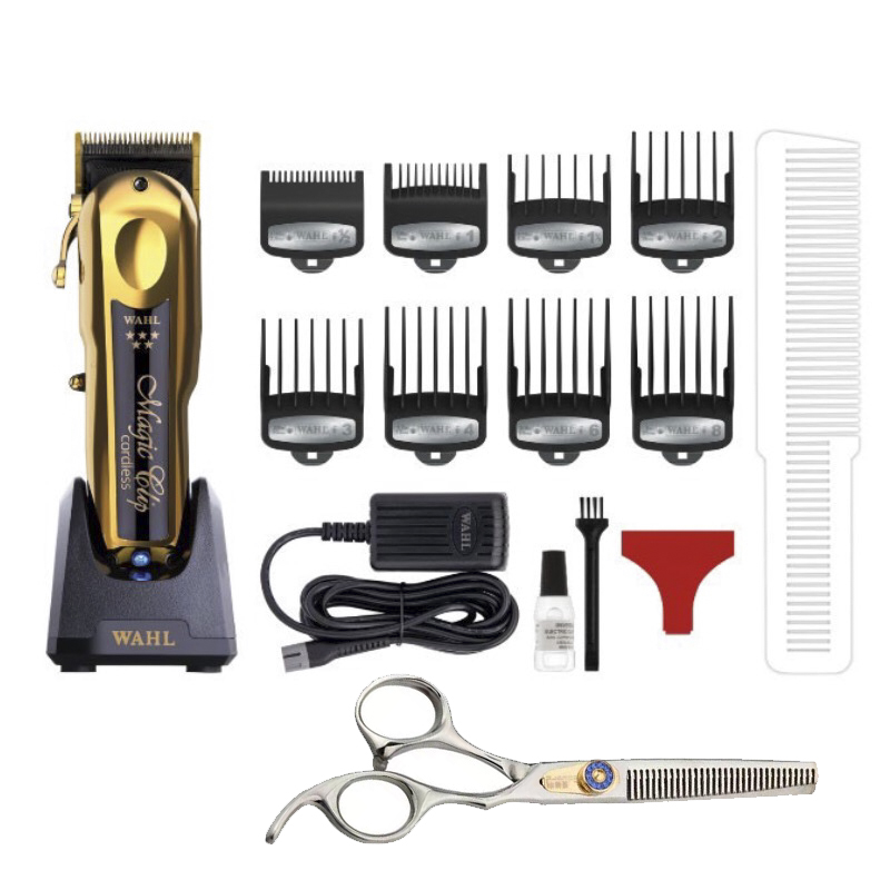 Upgraded style: WAHL hair clipper. 5600mAh battery capacity, 6 hours of battery life. Contains charger, 8 limit combs, and a pair of hairdressing scissors.